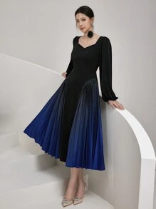 Modelyn Women's Elegant Contrast Color Pleated Sweetheart Neck Long Sleeve Dress Long Evening Dresses - Black - View 7