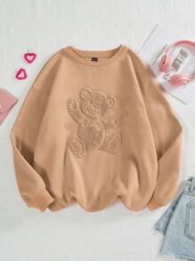 Muchica Women's Knitted Round Neck Long Sleeve Sweatshirt With Cartoon Bear Embroidery