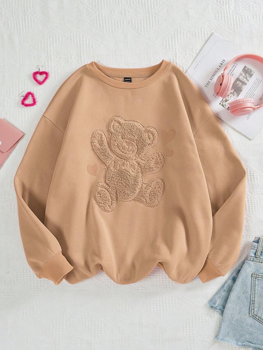 Muchica Women's Knitted Round Neck Long Sleeve Sweatshirt With Cartoon Bear Embroidery