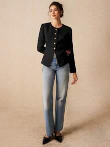 Poéselle Women's Solid Color Front Button Round Neck Split Cuff Regular Jacket In Fall/Winter - Black - View 6