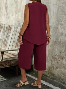 EMERY ROSE Bộ 2 món áo không tay màu đỏ hồng đơn giản và quần Capri cho nữ cỡ lớn - Màu Hoa hồng đỏ - Xem 2