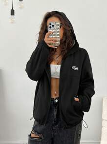 SHEIN EZwear Women's Winter Y2K Basic Streetwear Knit Keep Warm With Fleece Zip Up Padded Patched With Pockets Fluffy Inside Comfy Black Loose Hooded Long Sleeve Hoodies For Halloween Outfits Letter Patched Detail Drop Shoulder Teddy Lined Zipper Front