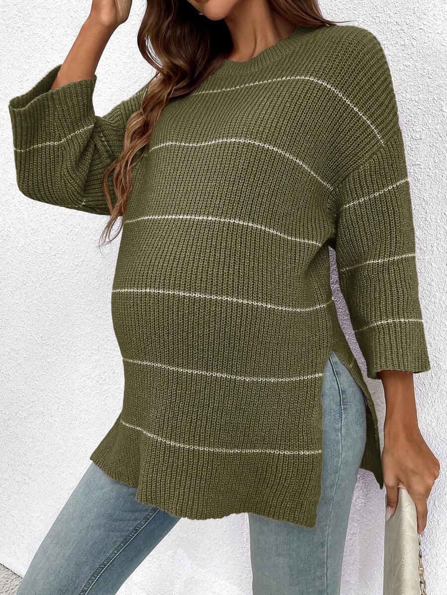 SHEIN Maternity Casual Colorblock Striped Side Slit Long Sleeve Sweater, Sweater For Fall/Winter - Multicolor - View 1