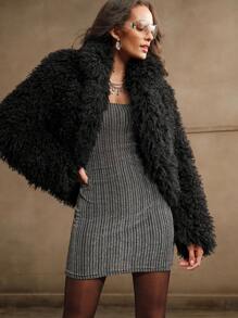 Anewsta Short Fashionable Stand Collar Fluffy Lamb Wool Jacket - Black - View 4
