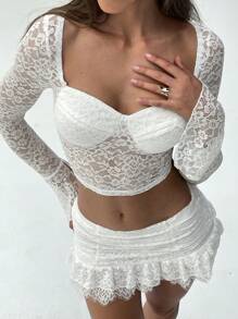 Aloruh 2er Set: Einfarbige Bluse mit Herzausschnitt und Langarm, Spitze, minimalistisch und A-Linie Rock, Lässig - Weiss - Übersicht 3