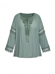 SHEIN LUNE Plus Size Women's Spring/Autumn Solid Color Contrast Lace Tie Neck Loose Blouse - Green - View 1