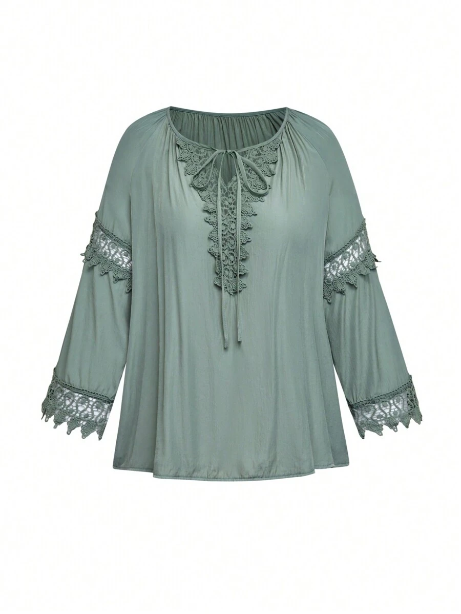SHEIN LUNE Plus Size Women's Spring/Autumn Solid Color Contrast Lace Tie Neck Loose Blouse - Green - View 1