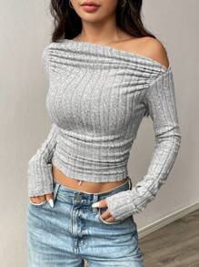 SHEIN Unity 腰部褶皱设计纹理羊毛插肩袖 T 恤，灰色 - 灰色 - 查看 3