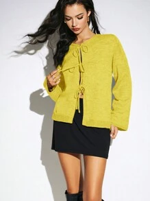 Poéselle Bow Tie Cardigan, Tie Front Knitted Cardigan, Loose Cardigan Sweater, Autumn Sweater, French Sweater, Yellow, Christmas Sweater, Plush Sweater - Yellow - View 4