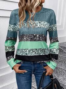 SHEIN LUNE Sudadera informal de cuello redondo de manga larga a rayas para mujer, primavera/otoño - Multicolor - Ver 4