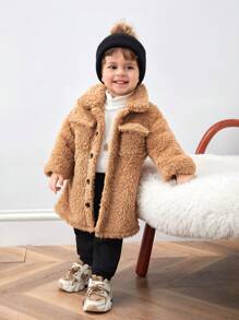 SHEIN Leap Crew 男婴/女婴长款休闲羊毛夹克，带口袋，保暖立领冬季外套