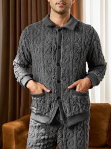 Bộ đồ ngủ 2 món áo sơ mi dài tay cài nút phía trước màu trơn cho nam và quần dài - Màu xám đen - Xem 7