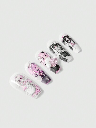 Kawaii 10 Pcs Anime Girl Hand-Painted Reusable False Nails With Jelly Gel, Set