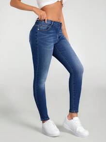 SHEIN EZwear Quần jean ôm vừa vặn cạp thấp thông thường dành cho nữ - Màu xanh lam - Xem 1
