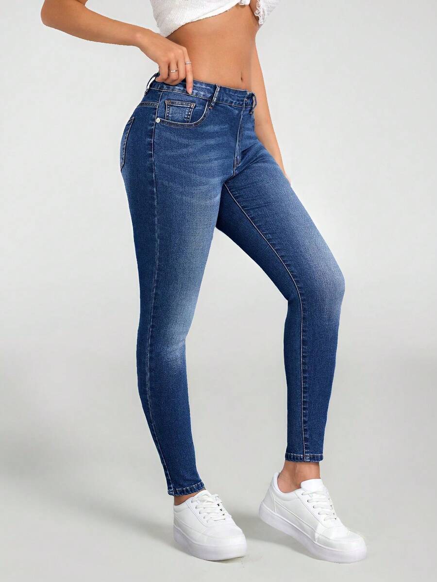 SHEIN EZwear Quần jean ôm vừa vặn cạp thấp thông thường dành cho nữ - Màu xanh lam - Xem 1