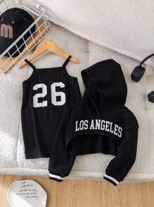 SHEIN 2 piezas Conjunto de sudadera con capucha corta con estampado de letras negras lindas y vestido camisero para niñas bebés, otoño/invierno