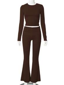 INAWLY Solva Bộ 2 áo thun dài tay cổ tròn màu trơn đơn giản và quần dài cho nữ - Cà phê nâu - Xem 3