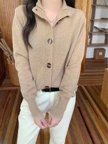 SHEIN LUNE New Loose Knitted Cardigan Stand Collar Short Outerwear Versatile Sweater - Khaki - View 3