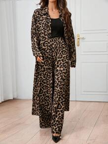 SHEIN Clasi 2pcs Women Leopard Print Long Shirt And Pants Set, Autumn