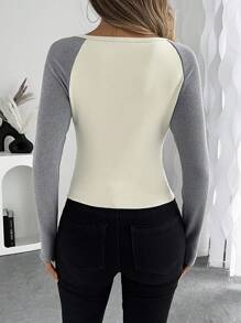 Chiquease 休闲通勤家居服双面浅蓝色和灰色毛绒 T 恤，撞色加厚天鹅绒毛衣上衣长袖，女士，秋冬 - 彩色 - 查看 2