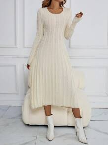 Chiquease Váy len dệt kim xoắn cổ tròn tay dài cho nữ - Màu be - Xem 5