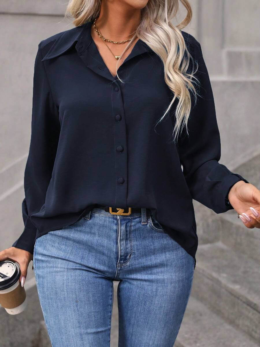 Vionelle Camisa informal con botones de talla grande, blusa sencilla de manga larga - Azul Marino - Ver 1