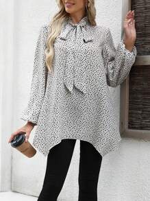 SHEIN Clasi Blusa elegante de manga farol con cuello de lazo y estampado de lunares para mujeres en primavera y verano
