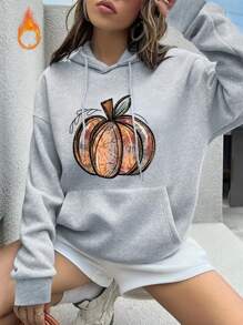 Pumpkin Print Kangaroo Pocket Drawstring Thermal Hoodie - Light Grey - View 1