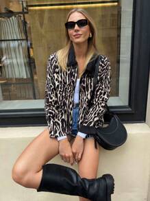 SHEIN Essnce Veste longue à manches longues avec imprimé léopard pour femmes, veste vintage américaine d'hiver, pour rendez-vous, mode - Multicolore - Voir 4