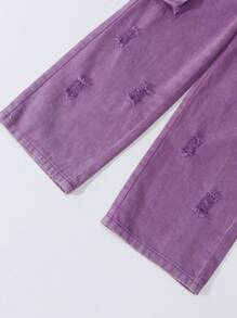 SHEIN Explorewe Tween Girls Elastic Waist Street Punk Ripped Distressed Loose Comfy Multi-Pocket Purple Denim Cargo Pants - Purple - View 4