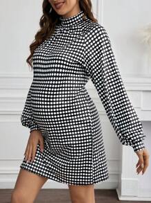 SHEIN Maternity Polka Dot Print Stand Collar Lantern Sleeve Dress