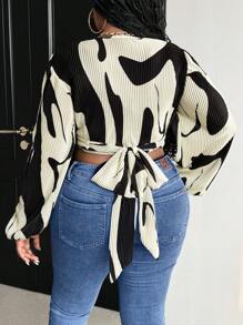 Maweii Plus Size Textured Twist Lantern Sleeve Cropped Shirt - Multicolor - View 6