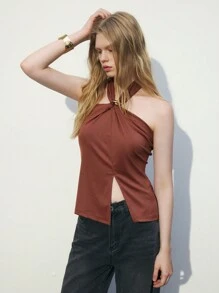 Maija 女士 Y2K 纯色开叉下摆挂脖上衣 - 棕色 - 查看 4