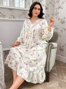 CottageSlumber 加大码印花蕾丝边V领开襟睡裙，Moo Moo品牌，舒适优雅细节，秋冬款 - 杏色 - 查看 6