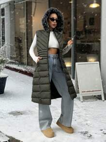 EURMUSE Fur And Zipper Added Padded Long Vest - Army Green - View 8