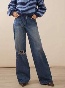 WESTFADE 优质牛仔布交叉破洞宽腿牛仔裤 91% 纯棉 - 藍色 - 查看 1