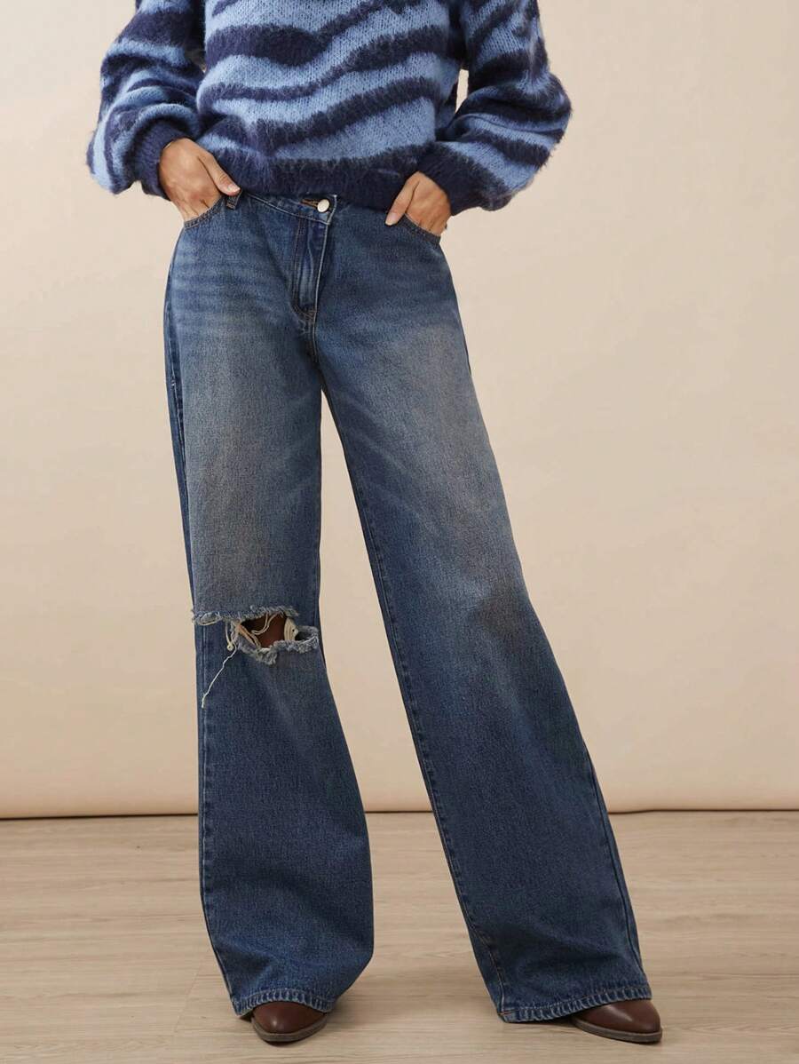 WESTFADE 优质牛仔布交叉破洞宽腿牛仔裤 91% 纯棉 - 藍色 - 查看 1