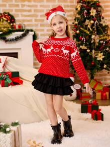Glamorique Kids Young Girl Casual Fashion Christmas Reindeer Jacquard Knitted Crew Neck Sweater, Suitable For Christmas Party And Daily Wear, Autumn/Winter. ( Family Matching Mommy And Me Are Sold Separately In 4 Pieces) - Red - View 6