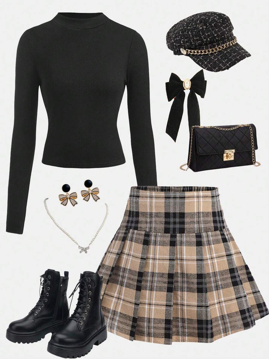SHEIN Girlism 2 件套：少女学院风黑色立领针织毛衣和卡其色格子百褶裙休闲装，秋季