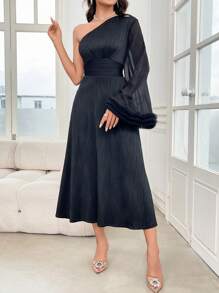 Modelyn 女式纯色纹理不对称领口单肩长裙、休闲度假、婚礼/场合礼服长款晚礼服 - 黑色 - 查看 6
