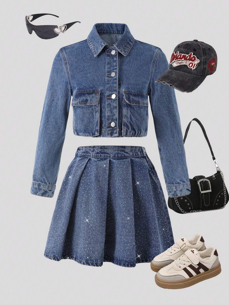 SHEIN Tween Girls Washed Denim Jacket And A-Line Rhinestone Denim Mini Skirt Outfit, Casual And Versatile For Everyday Wear - Blue - View 1