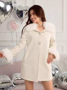 优雅奢华少女蓬松针织 A 字长袖中长外套，秋冬，圣诞节 - 米色 - 查看 1