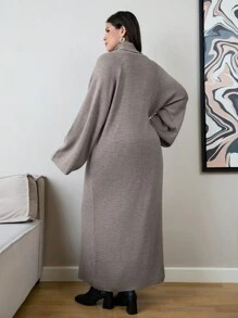 EURMUSE 大码女式纯色高领插肩袖长袖开衩下摆毛衣，秋冬季 - 棕色 - 查看 2
