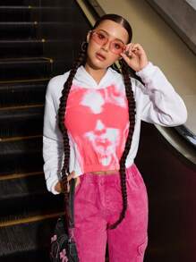 SHEIN Explorewe Áo khoác nỉ trùm đầu cho bé gái tuổi teen và quần jeans ống đứng màu hồng giặt rộng rãi, thời trang thường ngày - trắng - Xem 4