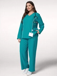 TaskEZ 大码长袖口袋上衣和裤子手术服套装