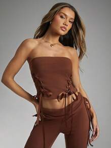 Denimoi Top bandeau de unicolor con cinta para atar para mujer, verano