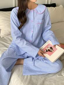 DAZY Bộ đồ ngủ áo sơ mi sọc tay dài cài nút phía trước, túi màu tương phản và quần dài, quần áo mùa thu - Màu xanh lam - Xem 1