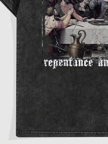 ROMWE MEN Street Life Men's Chafed Acid-Washed T-Shirt With Character & Slogan Design, School - Black - View 5