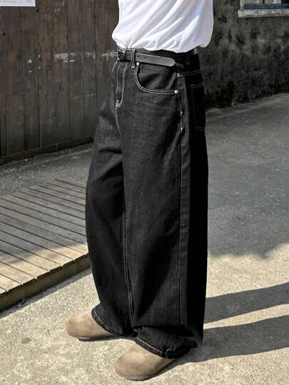 DAZY 男士夏季纯色口袋宽腿宽松休闲牛仔裤，垃圾摇滚