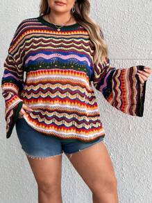 SHEIN CURVE+ Áo len dệt kim phối màu khoét rỗng cỡ lớn dành cho mùa lễ hội, thích hợp mặc mùa thu đông. - Màu xanh lá cây đậm - Xem 4
